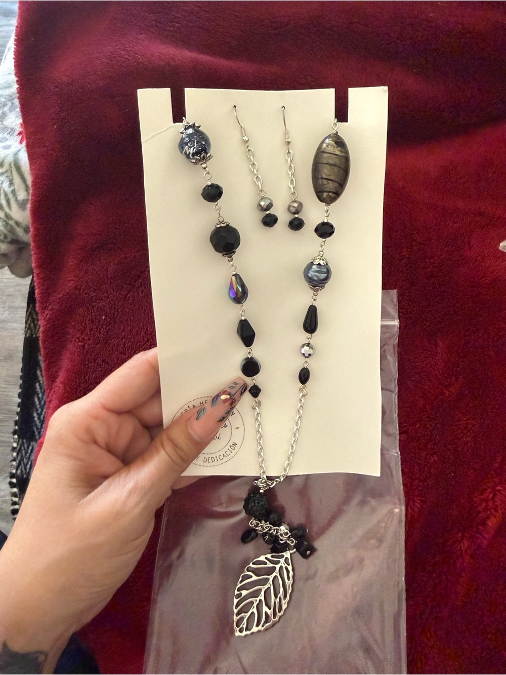 Handcrafted Black Bead and Silver Leaf Pendant Necklace - Women Jewelry